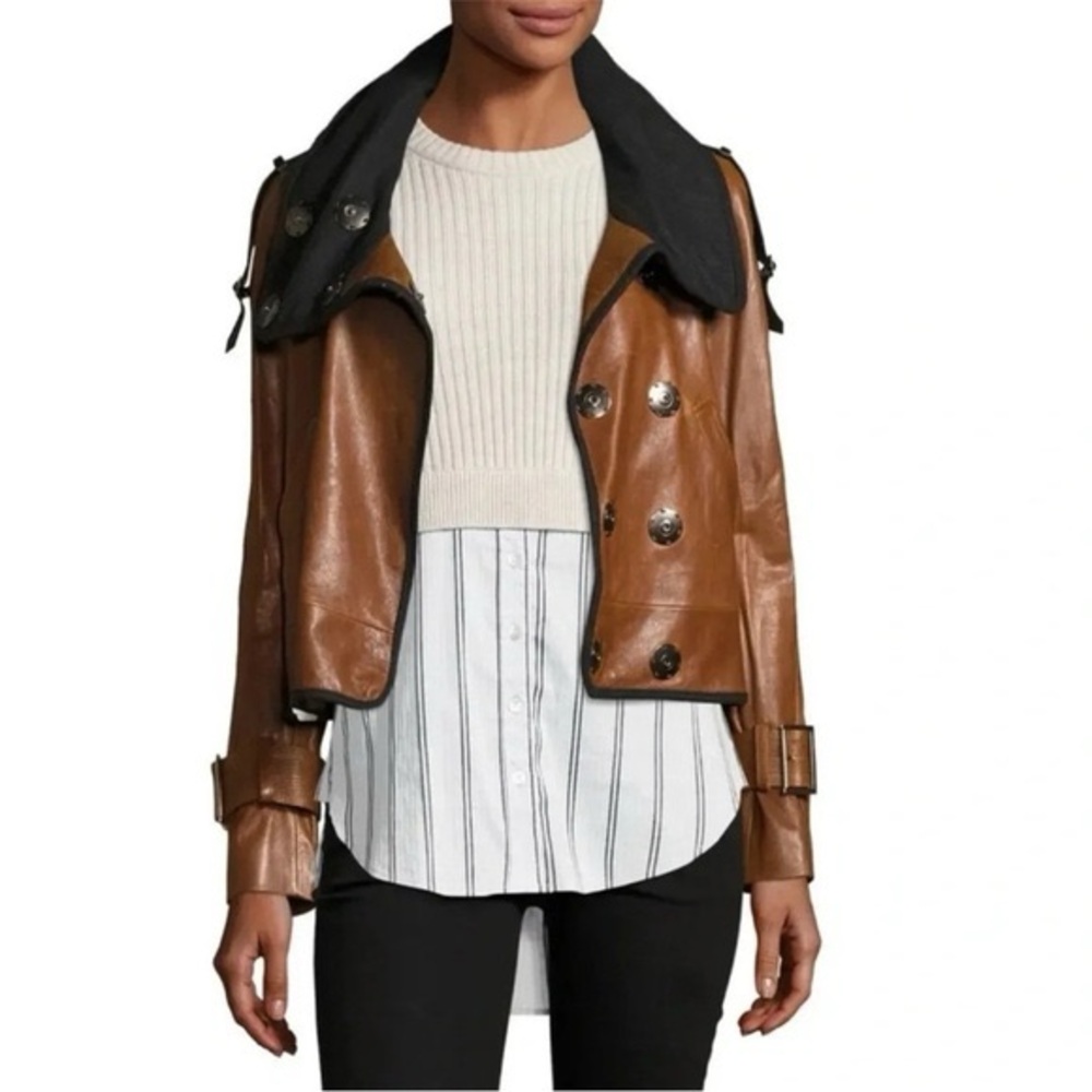 Veronica Beard Funnel Neck Leather Jacket